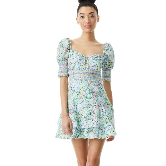 Alice + Olivia Crawford Floral Print Puff Sleeve Sweetheart Neck Mini Dress - 0 - Picture 4 of 16
